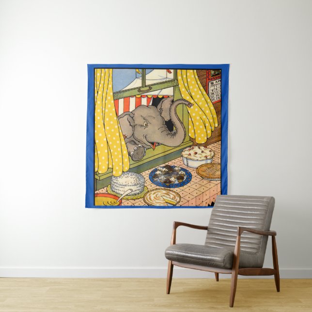 elephant poking his head through the window tapestry (In Situ)