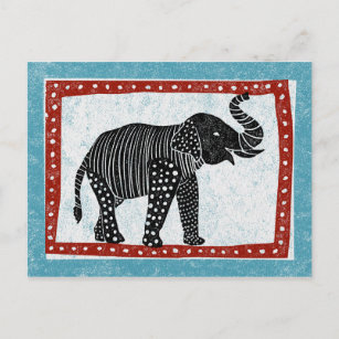 Elephant Postcard Blue Red Black White