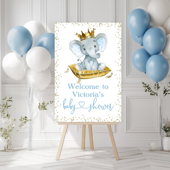 Elephant Prince Baby Shower Welcome Sign (Boy blue gold elephant prince baby shower welcome sign with cute elephant baby boy prince.)