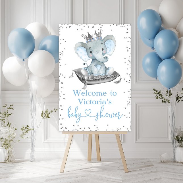 Elephant Prince Baby Shower Welcome Sign (Boy elephant prince baby shower welcome sign with cute elephant. Simply add your event details.)