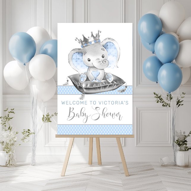 Elephant Prince Baby Shower Welcome Sign (Boy elephant baby shower welcome sign with cute watercolor prince elephant.)