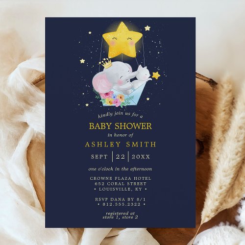 Elephant Prince Navy Blue Stars Boy Baby Shower Invitation