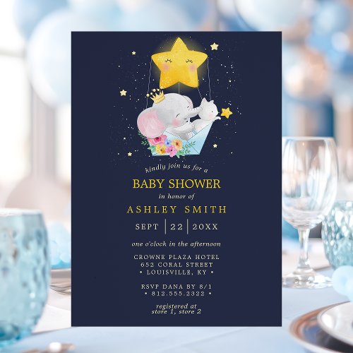 Elephant Prince Stars Navy Boy Baby Shower Invitation