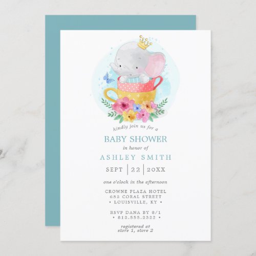 Elephant Prince Watercolor Teacup Boy Baby Shower Invitation