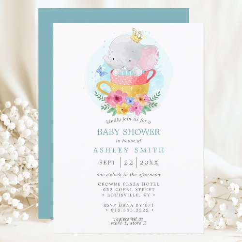 Elephant Prince Watercolor Teacup Boy Baby Shower Invitation