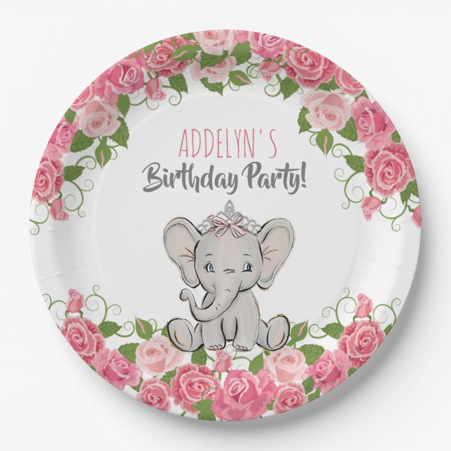 Elephant Princess Tiara Pink Little Girl Birthday Paper Plates (Front)