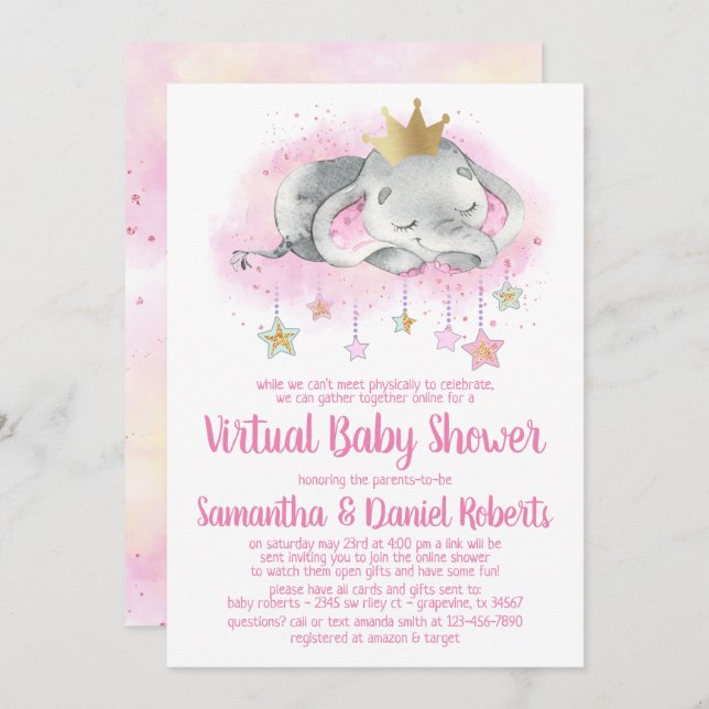 Elephant Princess Virtual Baby Shower Invitation (Front/Back)