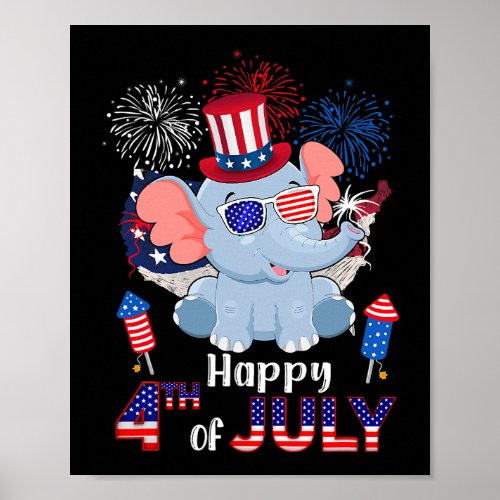 Elephant Proud American Flag Fireworks Happy 4th O Poster
