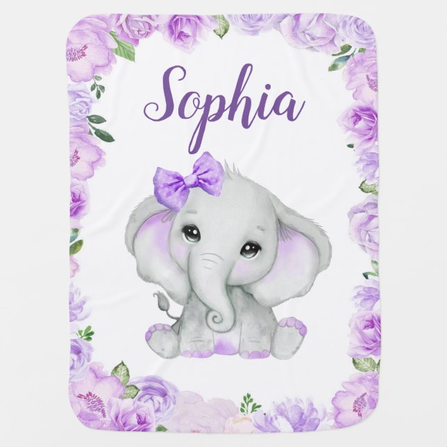 Elephant Purple Bow Baby Blankets Floral Name (Front)
