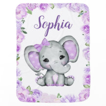 Elephant Purple Bow Baby Blankets Floral Name