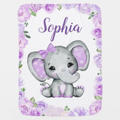 Elephant Purple Bow Baby Blankets Floral Name