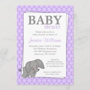 Elephant Purple Dots Girl Baby Shower Invitation