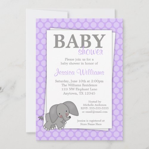 Elephant Purple Dots Girl Baby Shower Card