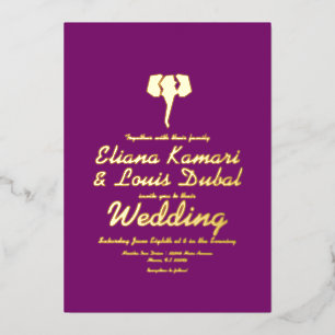 Elephant Purple Ethnic Wedding Pressed Foil Invitation