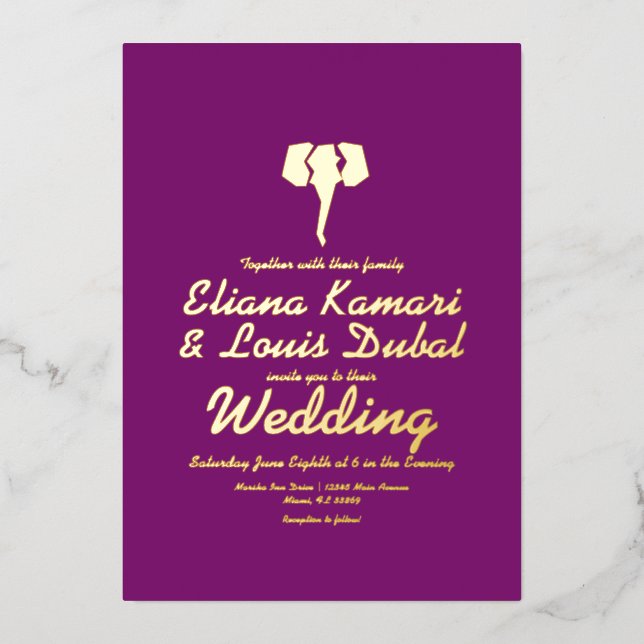  Elephant Purple Ethnic Wedding Pressed   Foil Invitation (Front)