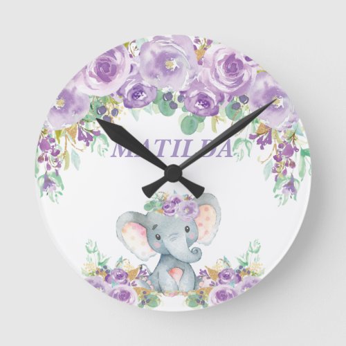Elephant Purple Floral Kids Nursery Bedroom Decor Round Clock
