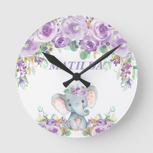 Elephant Purple Floral Kids Nursery Bedroom Decor Round Clock (Front)
