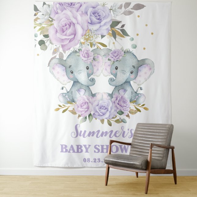 Elephant Purple Floral Twins Baby Shower Backdrop (In Situ)