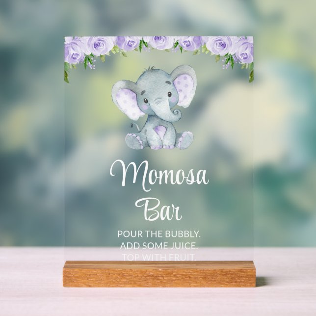 Elephant, Purple Flowers, Baby Shower Momosa Bar Acrylic Sign (Neutral)