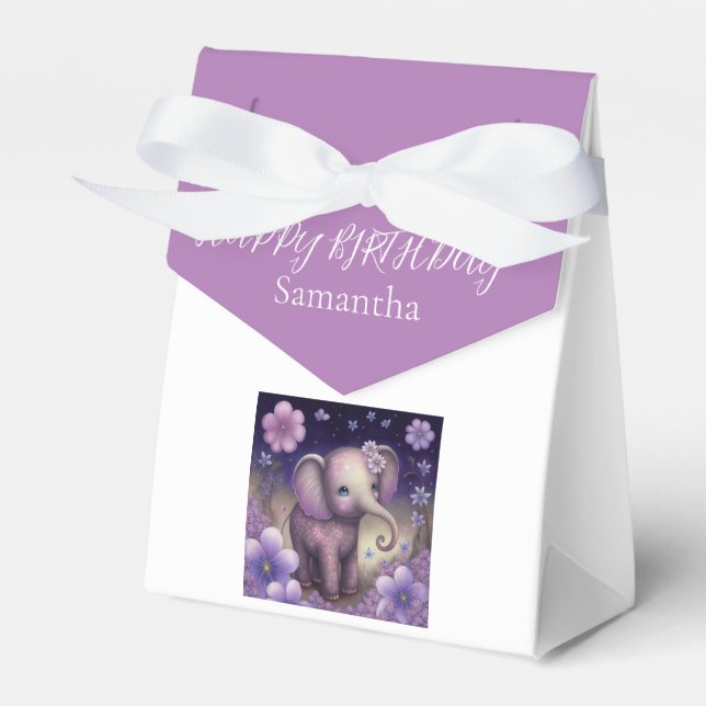 Elephant Purple flowers Birthday Favor Box (Front Side)
