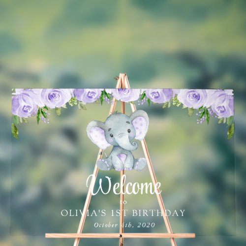 Elephant Purple Flowers First Birthday Welcome Acrylic Sign