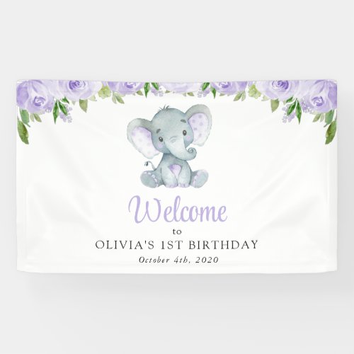 Elephant Purple Flowers First Birthday Welcome Banner