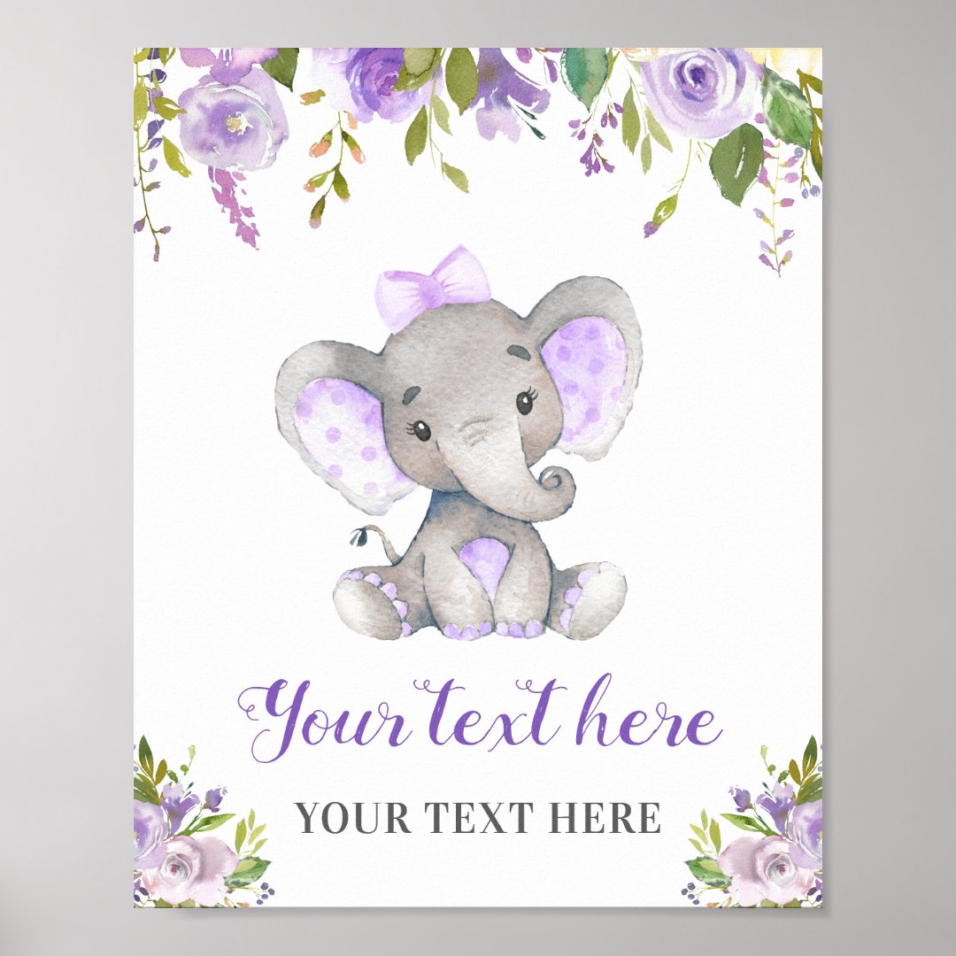 Elephant Purple Girl Baby Shower Sprinkle Birthday Poster | Zazzle