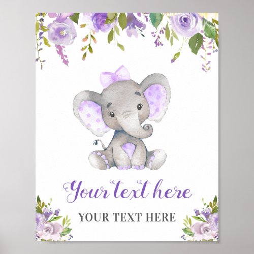 Elephant Purple Girl Baby Shower Sprinkle Birthday Poster