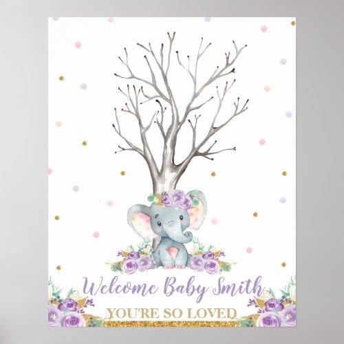 Elephant Purple Girl Baby Shower Thumbprints Tree Poster