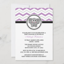 Elephant Purple Gray Chevron Baby Shower Invitation