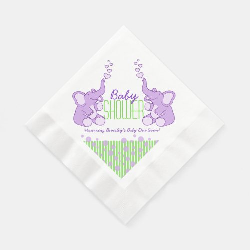 Elephant purple green name baby shower napkins