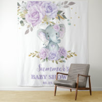 Elephant Purple Lilac Floral Baby Shower Backdrop