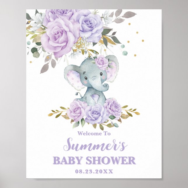 Elephant Purple Lilac Floral Baby Shower Welcome Poster (Front)
