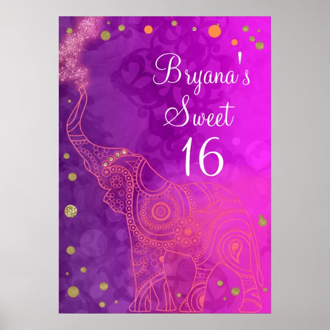 Elephant Purple Pink Orange & Gold Party Banner Poster (Front)