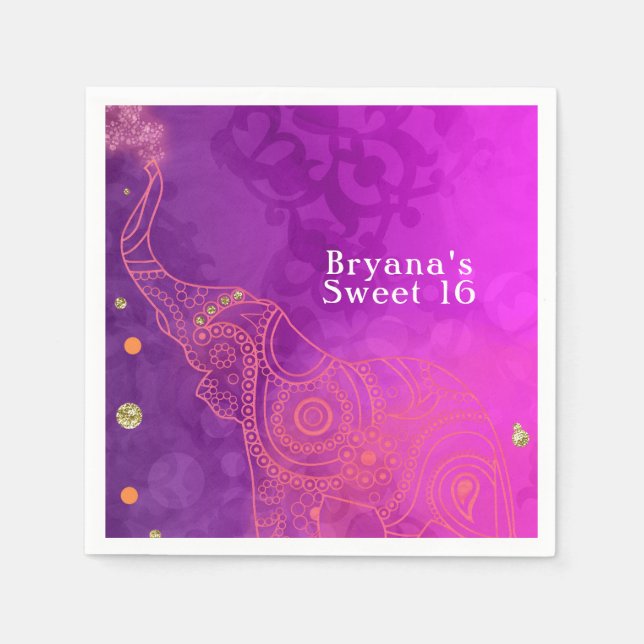 Elephant Purple Pink Orange & Gold Party Custom Napkins (Front)