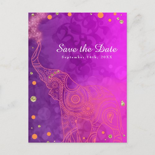 Elephant Purple Pink Orange  Gold Save the Date Announcement Postcard