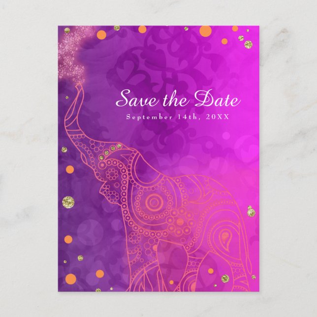 Elephant Purple Pink Orange & Gold Save the Date Announcement Postcard (Front)