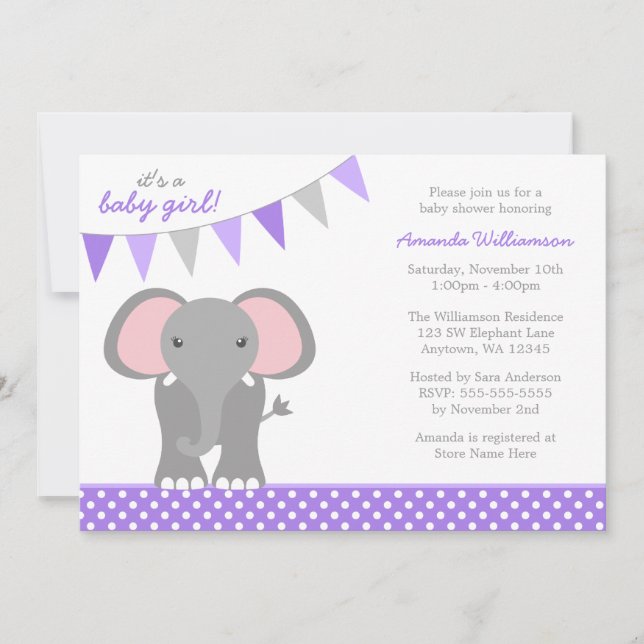 Elephant Purple Polka Dot Banner Girl Baby Shower Invitation (Front)