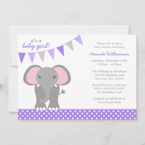 Elephant Purple Polka Dot Banner Girl Baby Shower Personalized Announcement