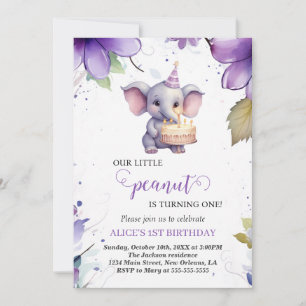 Elephant, Purple Watercolor Flower, First Birthday Invitation