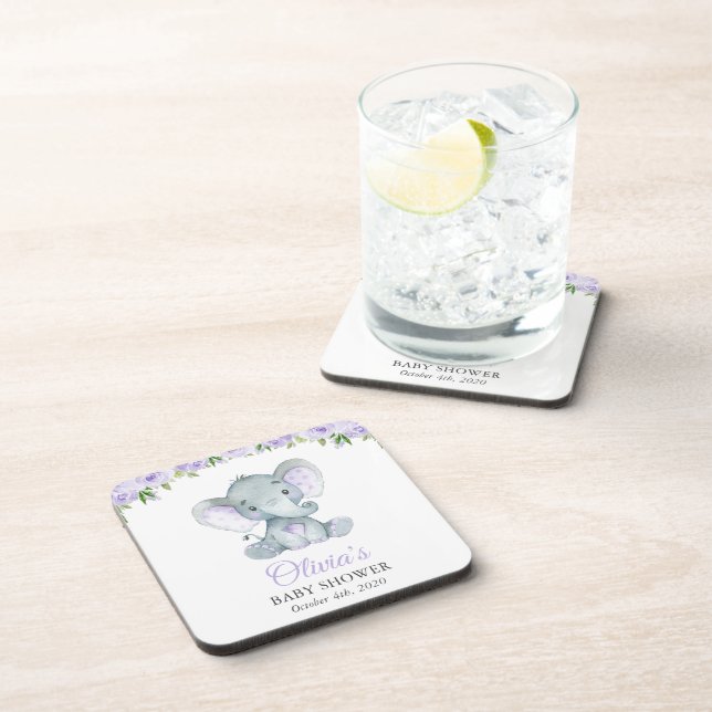 Elephant, Purple Watercolor Flowers, Baby Shower Beverage Coaster (Right Side)