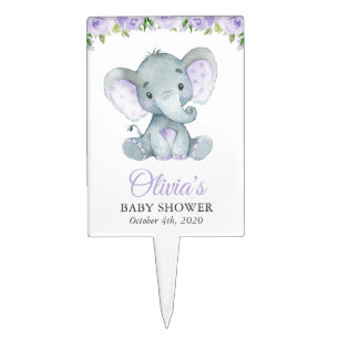 Elephant, Purple Watercolor Flowers, Baby Shower Cake Topper