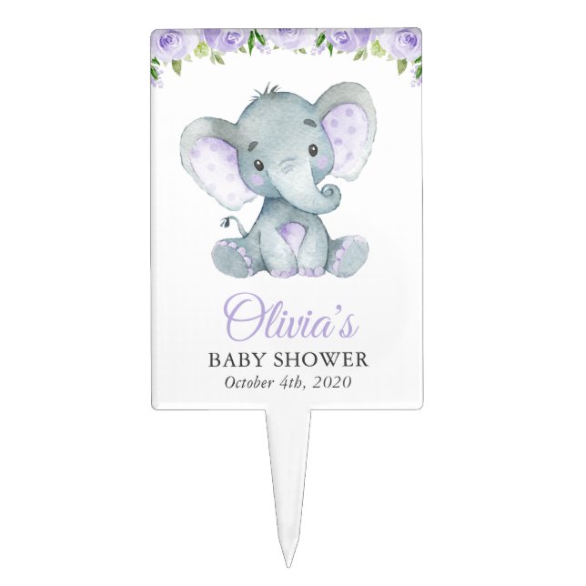 Elephant, Purple Watercolor Flowers, Baby Shower Cake Topper (Front)