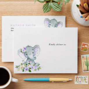 Elephant, Purple Watercolor Flowers, Baby Shower Envelope