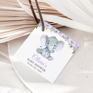 Elephant, Purple Watercolor Flowers, Baby Shower Favor Tags