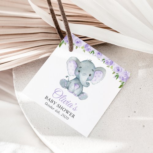 Elephant Purple Watercolor Flowers Baby Shower Favor Tags