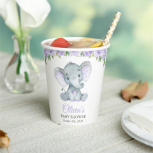 Elephant, Purple Watercolor Flowers, Baby Shower Paper Cups