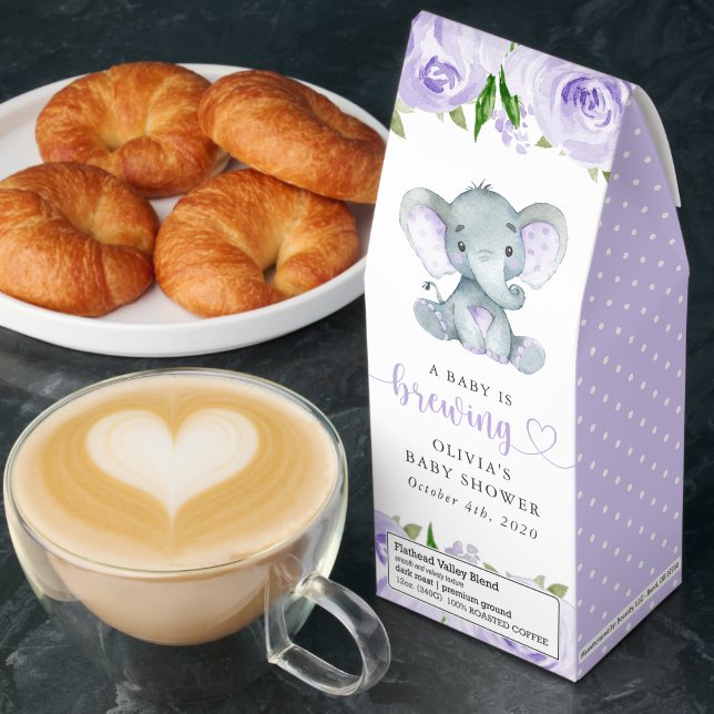 Elephant, Purple Watercolor Flowers, Baby Shower Roasted Coffee (Breakfast)