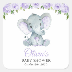 Elephant, Purple Watercolor Flowers, Baby Shower Square Sticker