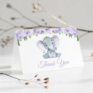 Elephant, Purple Watercolor Flowers, Baby Shower Thank You Card